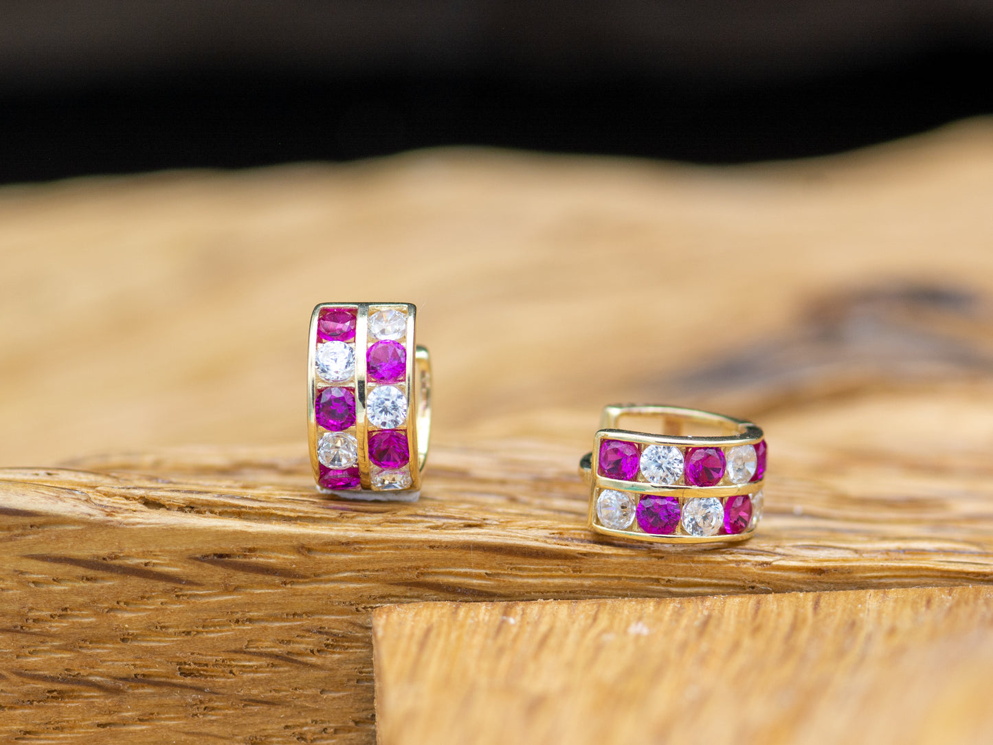 14k solid gold Sparkling Synthetic Ruby Pave Set Huggies earring