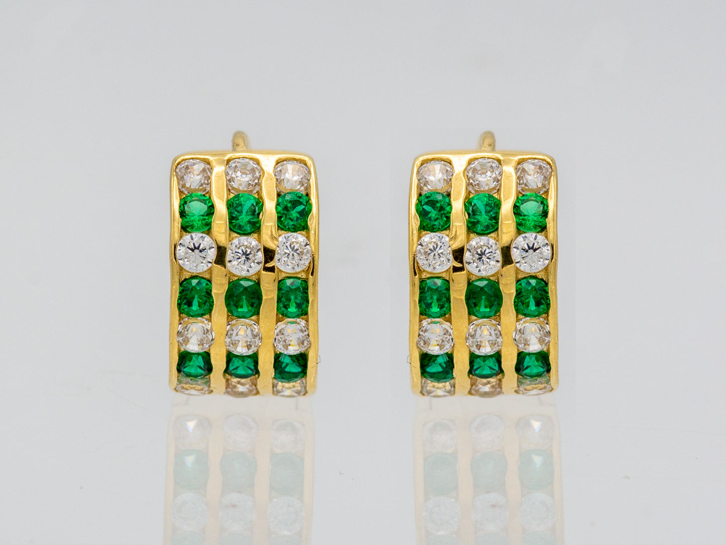 14k solid gold Triple Lined Simulated emerald and Diamond Huggies earring