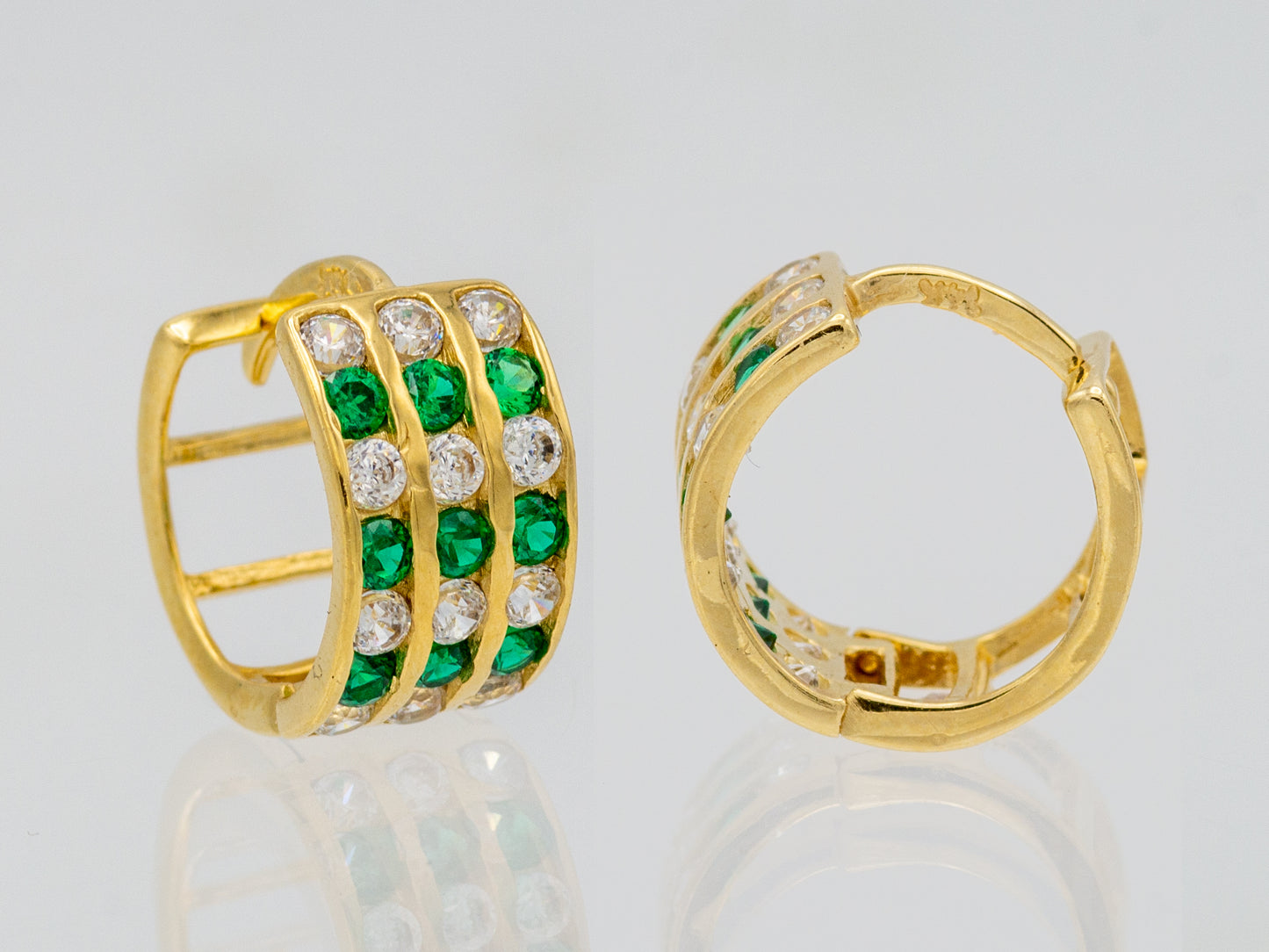 14k solid gold Triple Lined Simulated emerald and Diamond Huggies earring