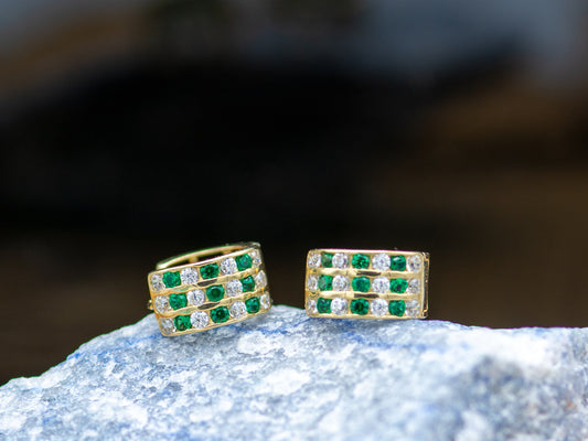 14k solid gold Triple Lined Simulated emerald and Diamond Huggies earring
