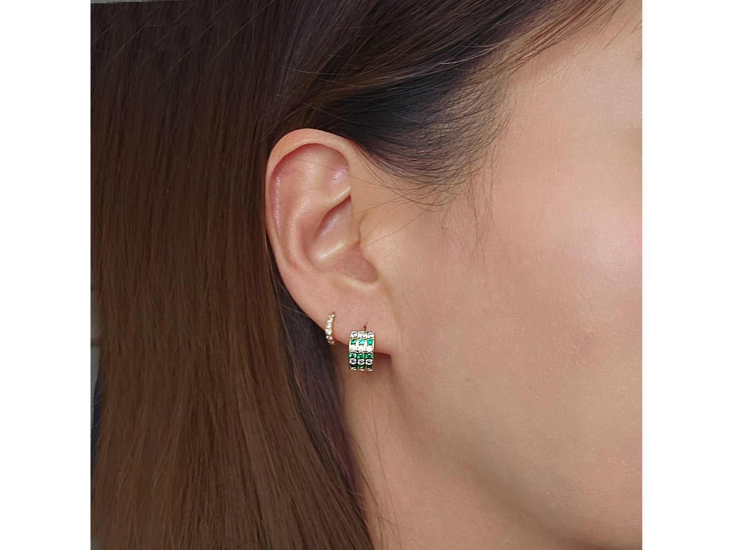 14k solid gold Triple Lined Simulated emerald and Diamond Huggies earring