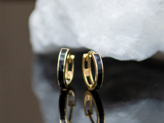 14k solid gold Black Onyx Huggies earring