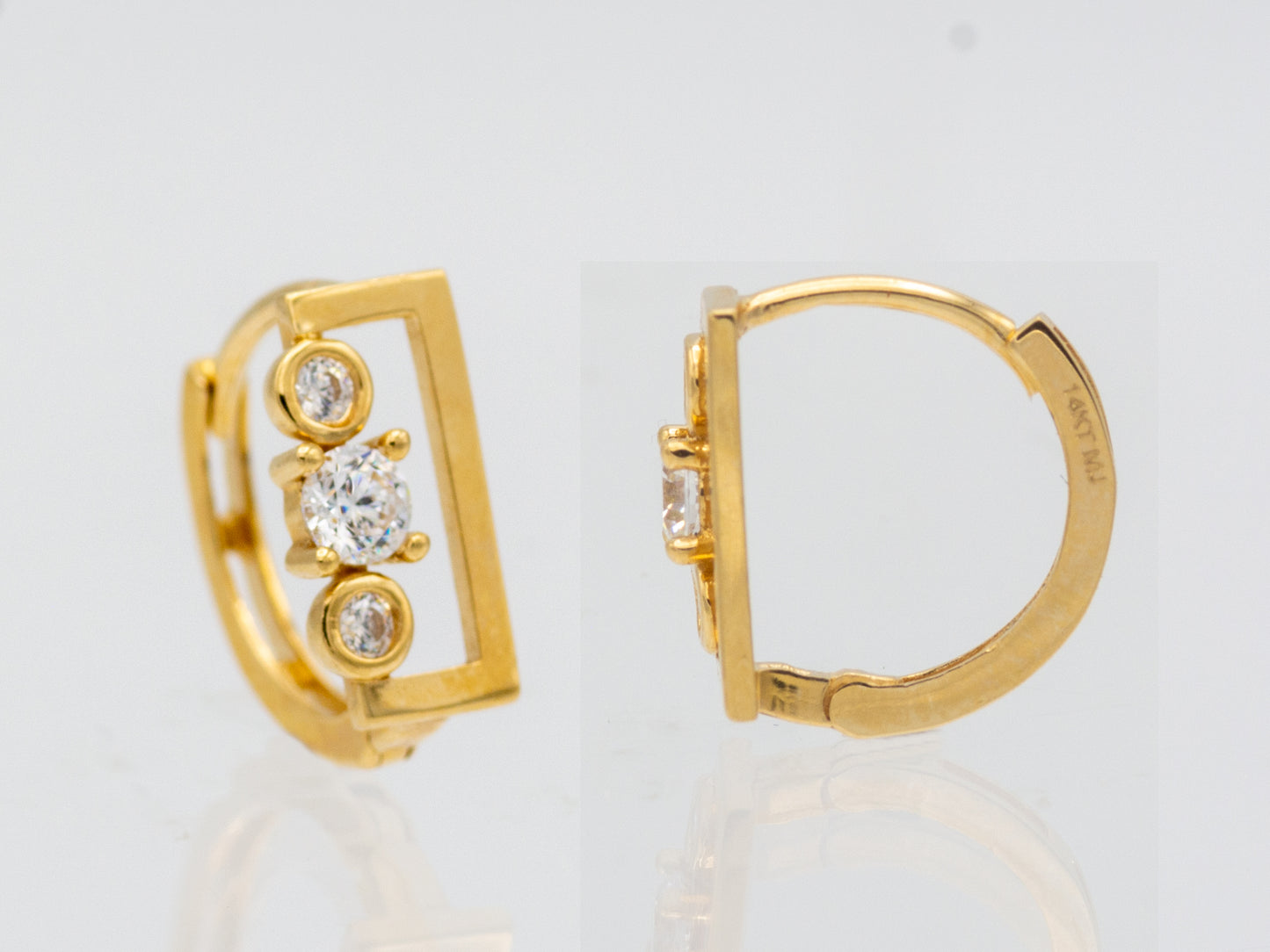 14k solid gold Geometric rectangular Simulated Diamonds Huggies earring
