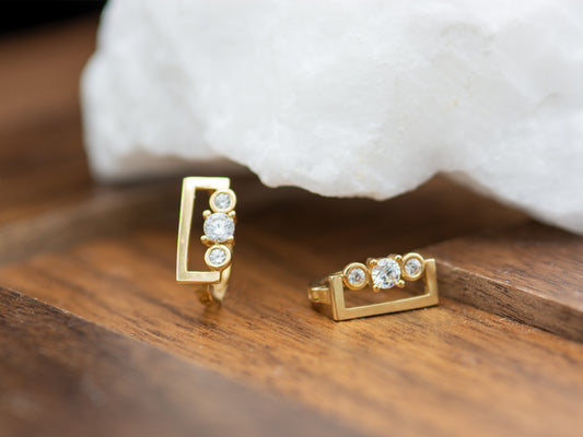 14k solid gold Geometric rectangular Simulated Diamonds Huggies earring