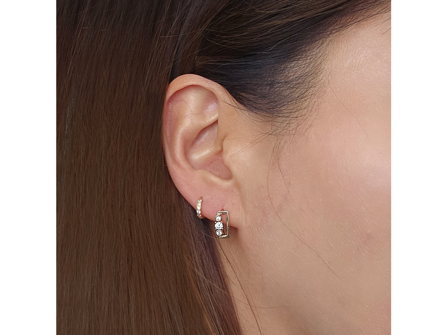 14k solid gold Geometric rectangular Simulated Diamonds Huggies earring