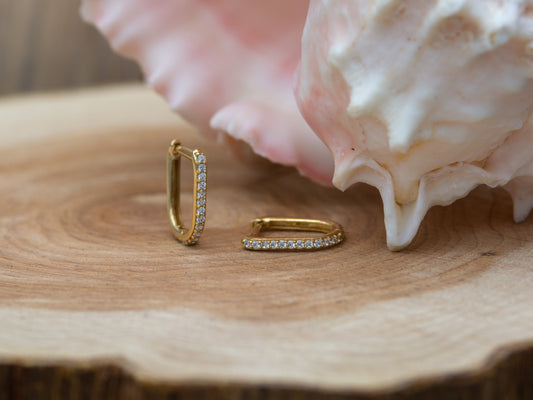 14K Solid Gold Simulated Diamond U-Pave Paper Clip Huggie Earrings