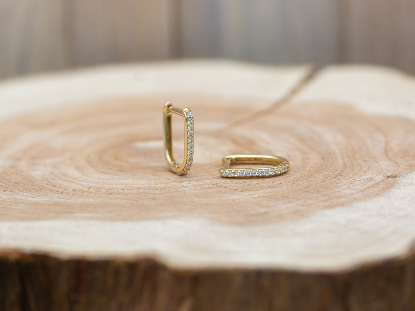 14K Solid Gold Simulated Diamond U-Pave Paper Clip Huggie Earrings