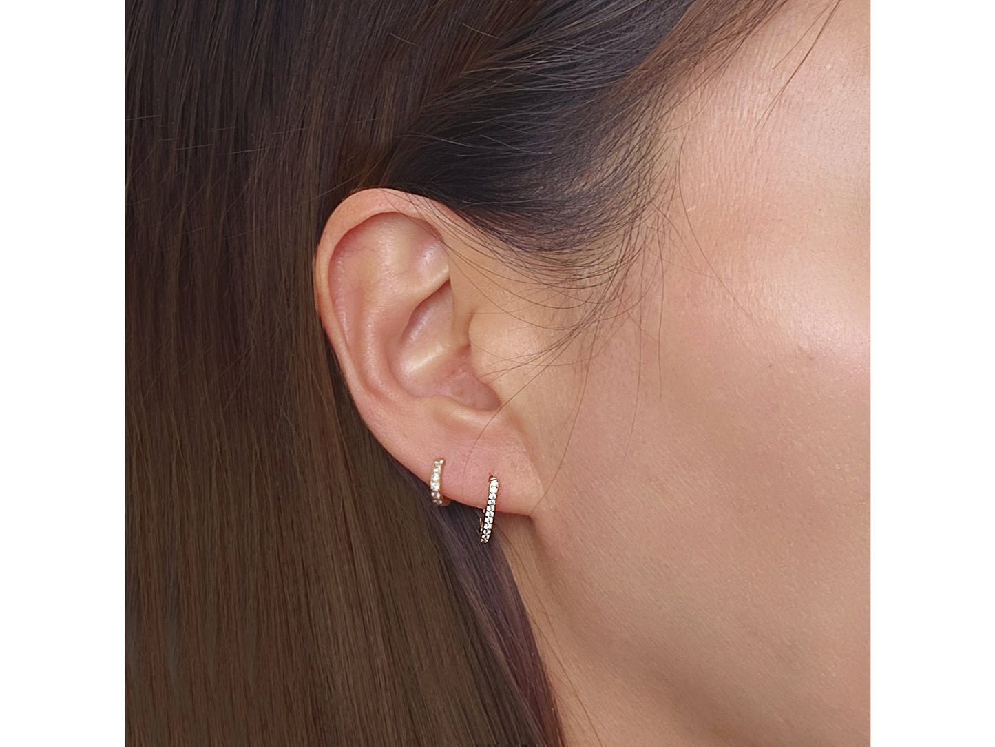 14K Solid Gold Simulated Diamond U-Pave Paper Clip Huggie Earrings