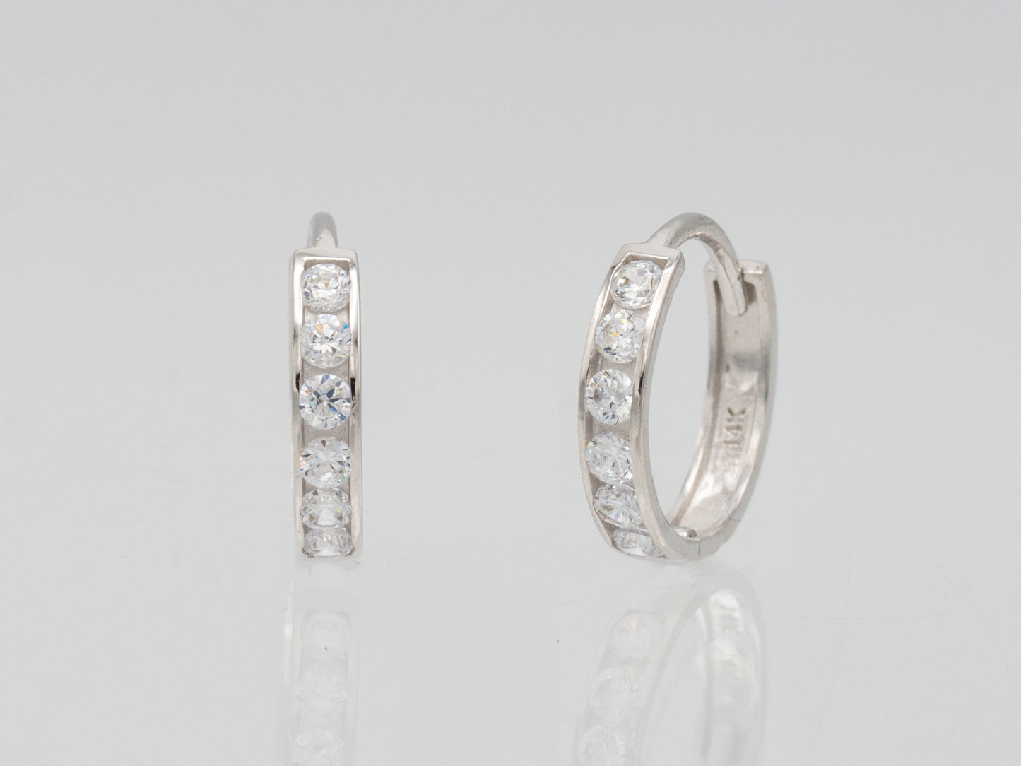 14k solid White gold single  line simulated diamond earring huggie Hoop Earrings