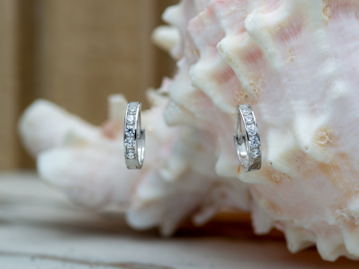 14k solid White gold single  line simulated diamond earring huggie Hoop Earrings