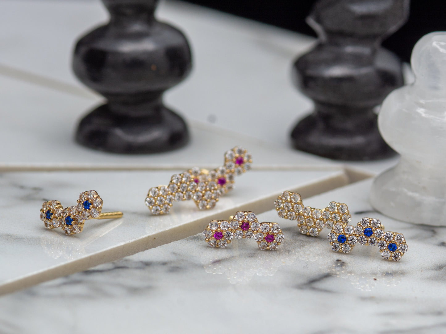 14k solid gold honeycomb cluster stud earrings