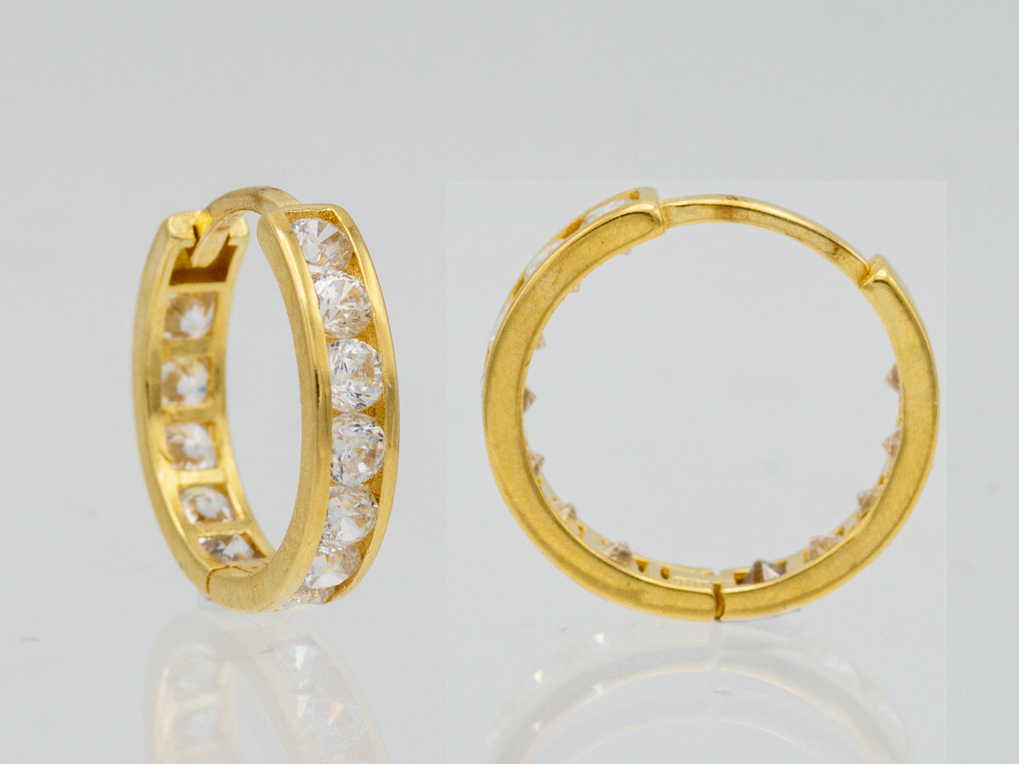 14k solid yellow gold single line simulated diamond Round Cut earring Huggie Hoop