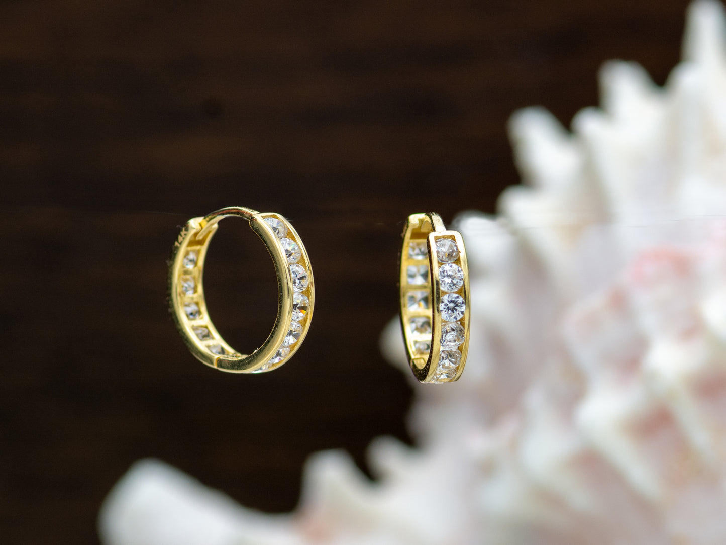 14k solid yellow gold single line simulated diamond Round Cut earring Huggie Hoop