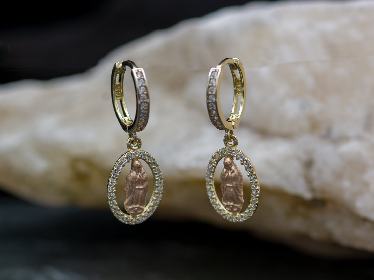14k solid gold Virgin Mary Drop Huggies Hoop earring