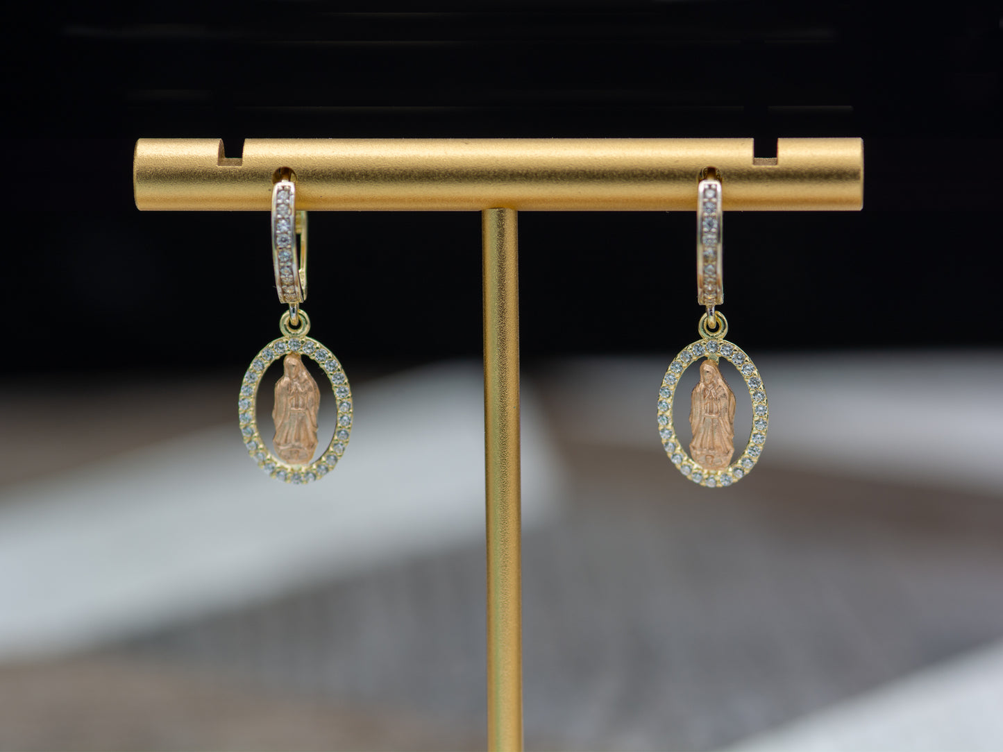 14k solid gold Virgin Mary Drop Huggies Hoop earring