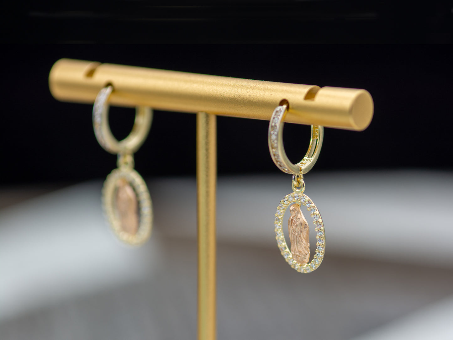 14k solid gold Virgin Mary Drop Huggies Hoop earring