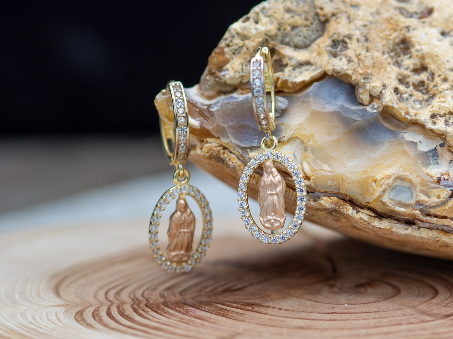 14k solid gold Virgin Mary Drop Huggies Hoop earring