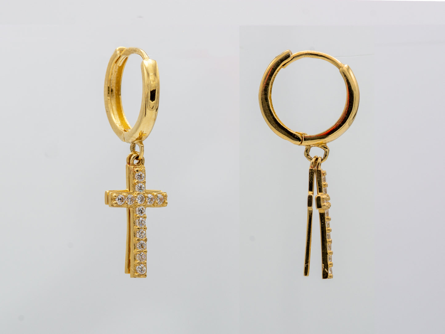 14k solid gold Double Layered Cross drop Huggies Hoop earring