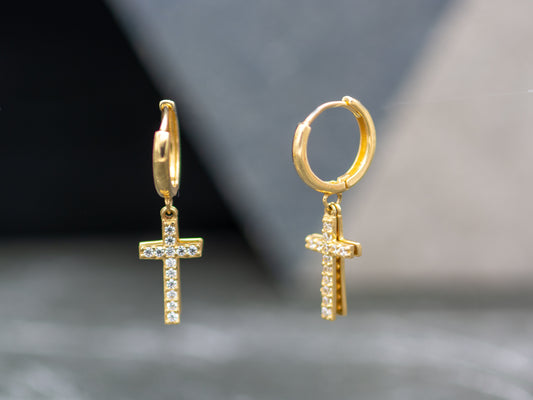 14k solid gold Double Layered Cross drop Huggies Hoop earring