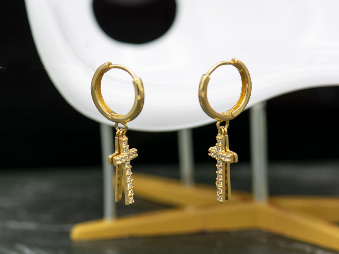 14k solid gold Double Layered Cross drop Huggies Hoop earring