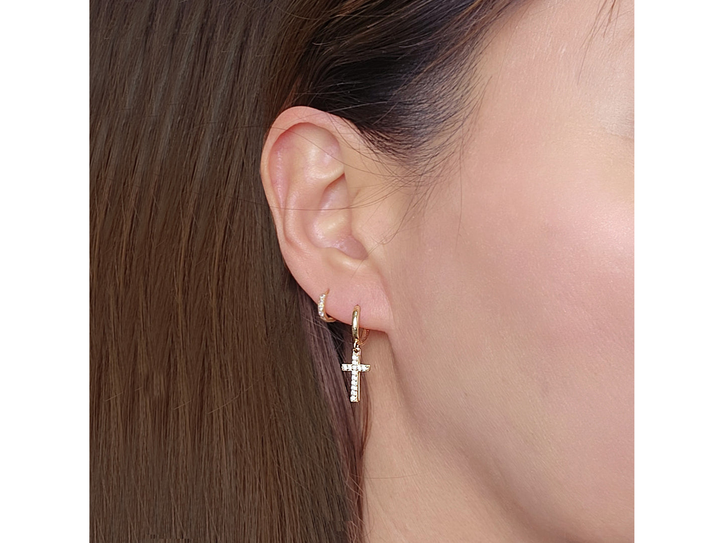 14k solid gold Double Layered Cross drop Huggies Hoop earring