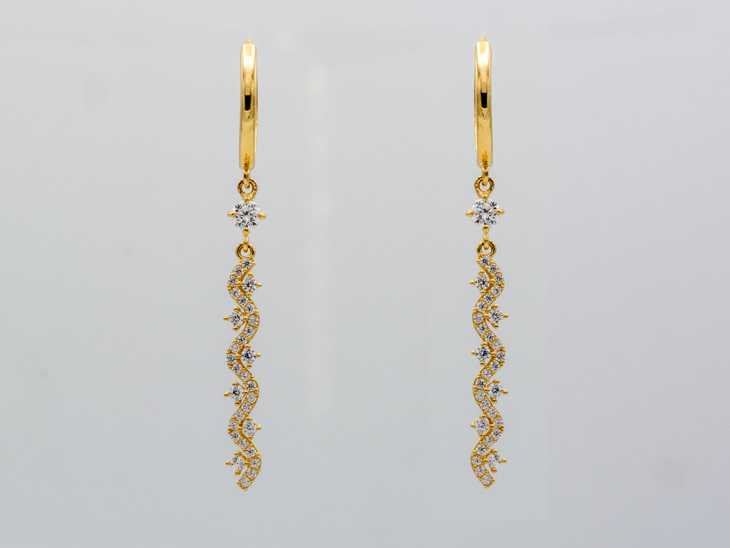 14k solid gold Long CZ dangling  drop Huggies Hoop earring