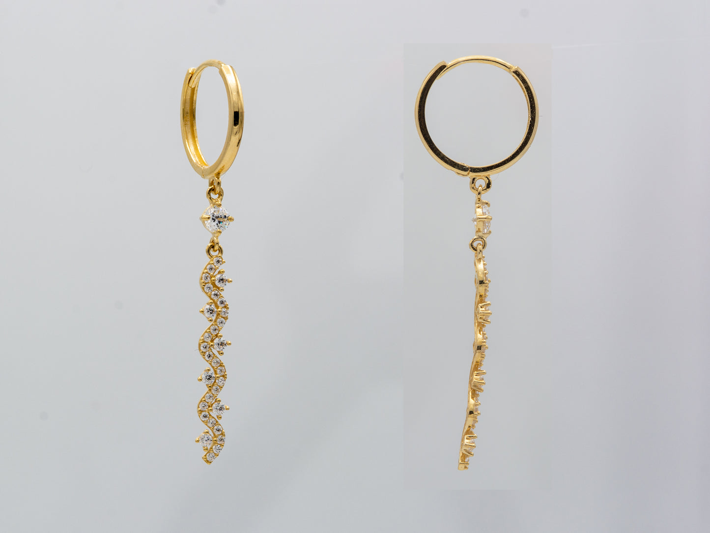14k solid gold Long CZ dangling  drop Huggies Hoop earring