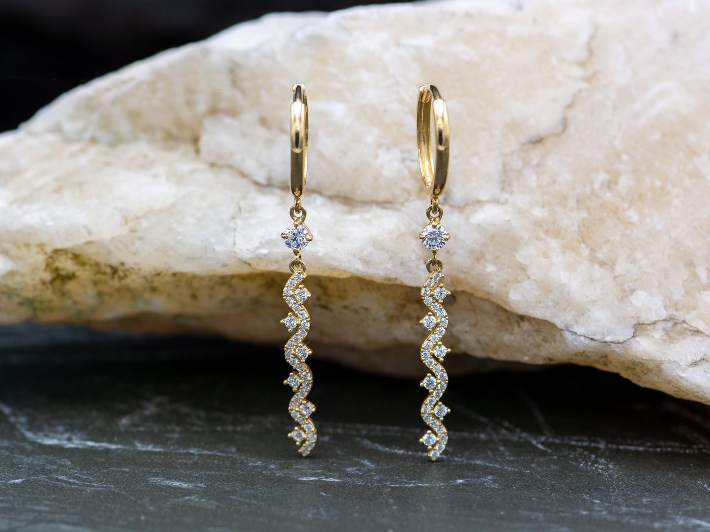14k solid gold Long CZ dangling  drop Huggies Hoop earring