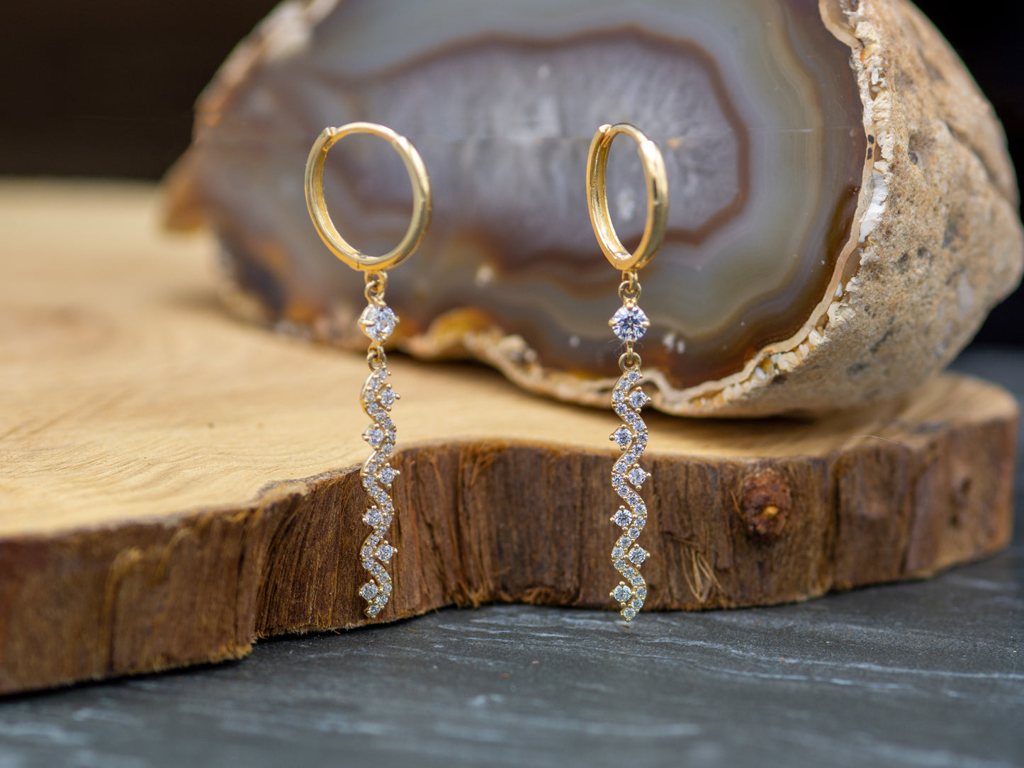 14k solid gold Long CZ dangling  drop Huggies Hoop earring