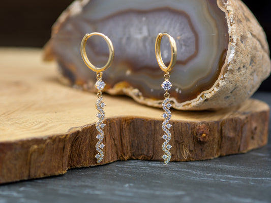 14k solid gold Long CZ dangling  drop Huggies Hoop earring