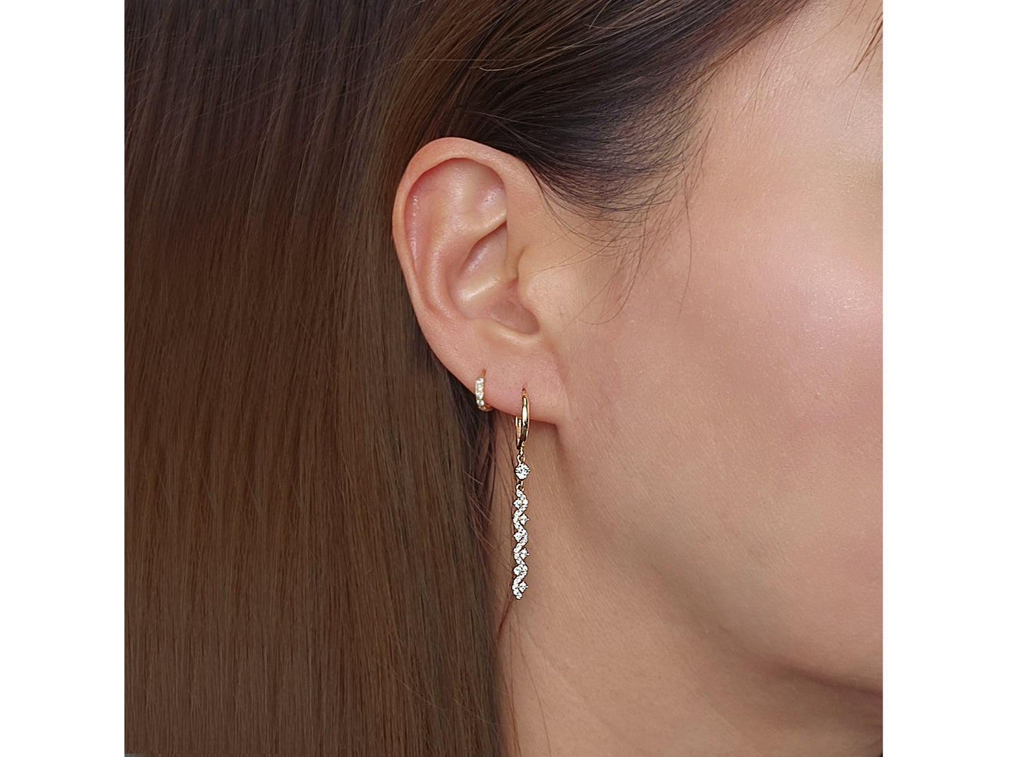 14k solid gold Long CZ dangling  drop Huggies Hoop earring