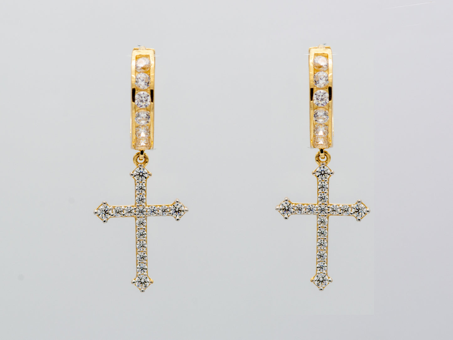 14k solid gold  Cross drop CZ Hoop Huggies Dangle earring