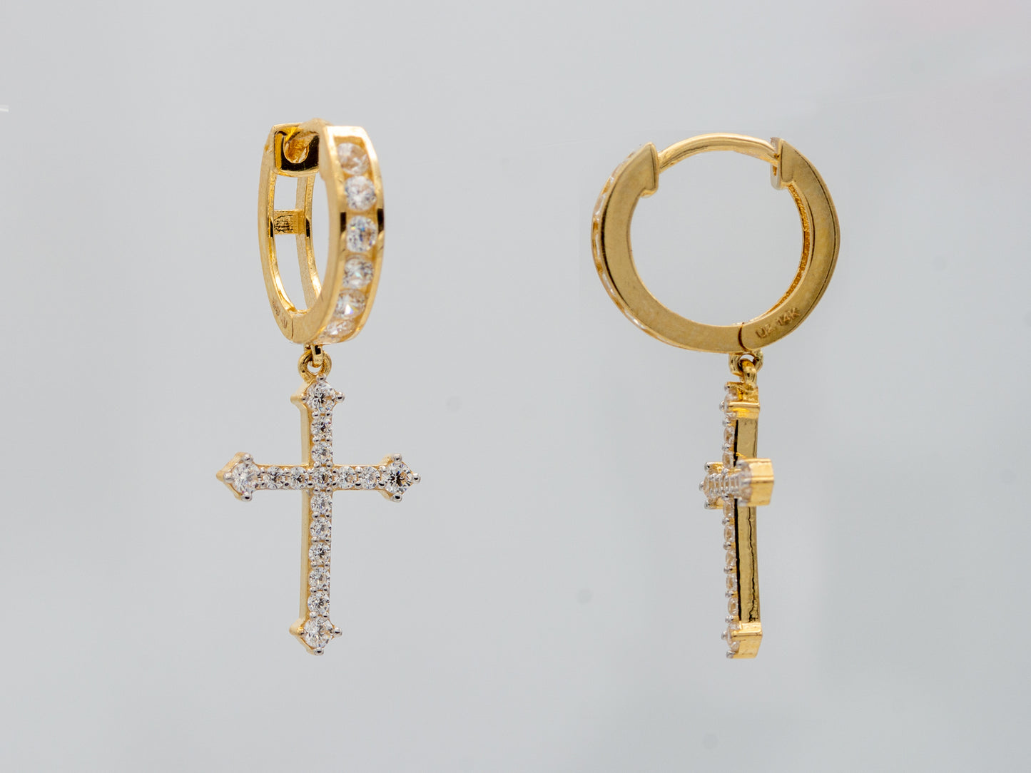 14k solid gold  Cross drop CZ Hoop Huggies Dangle earring