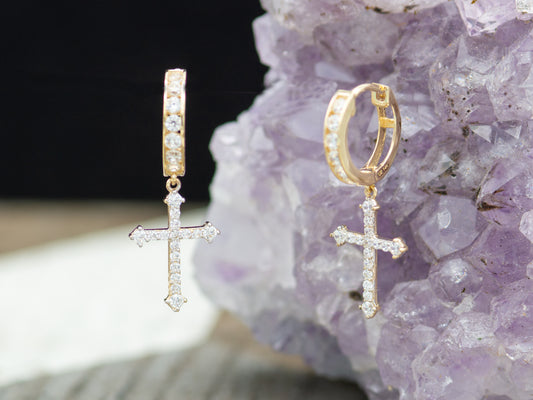 14k solid gold  Cross drop CZ Hoop Huggies Dangle earring