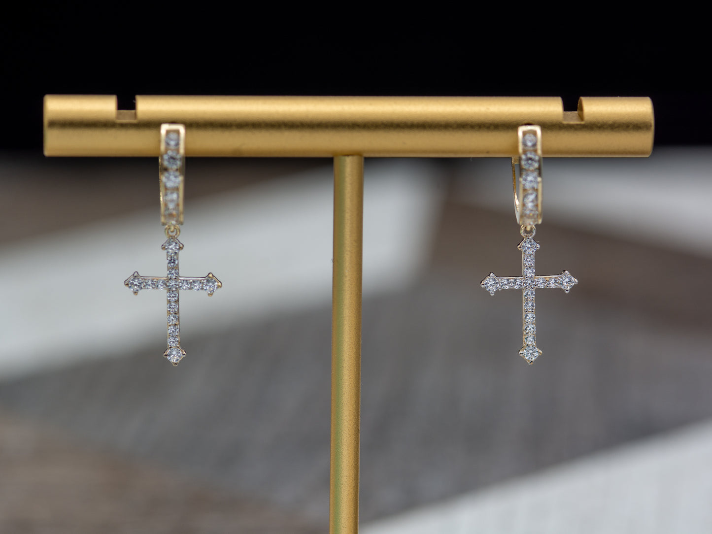 14k solid gold  Cross drop CZ Hoop Huggies Dangle earring