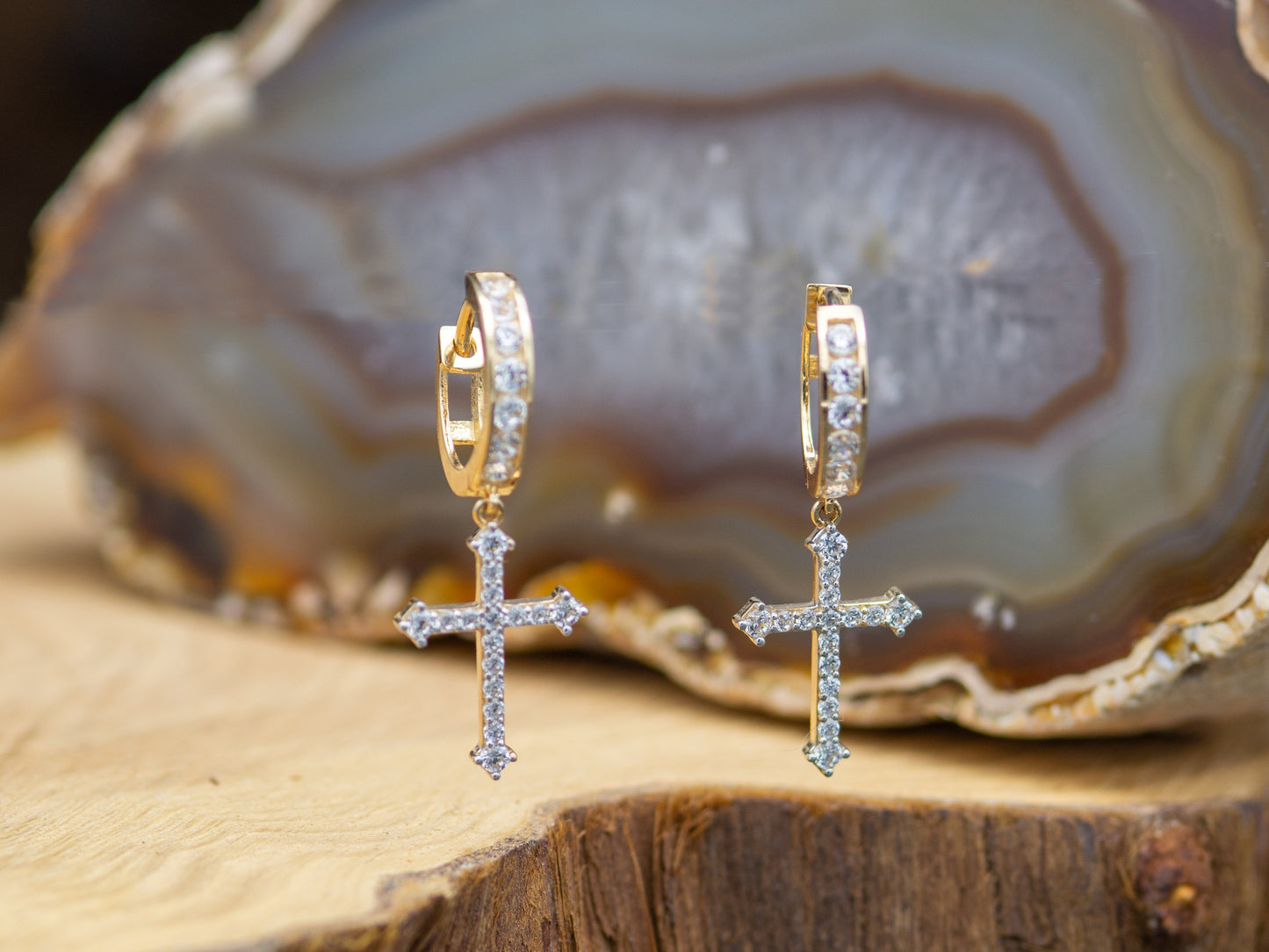 14k solid gold  Cross drop CZ Hoop Huggies Dangle earring