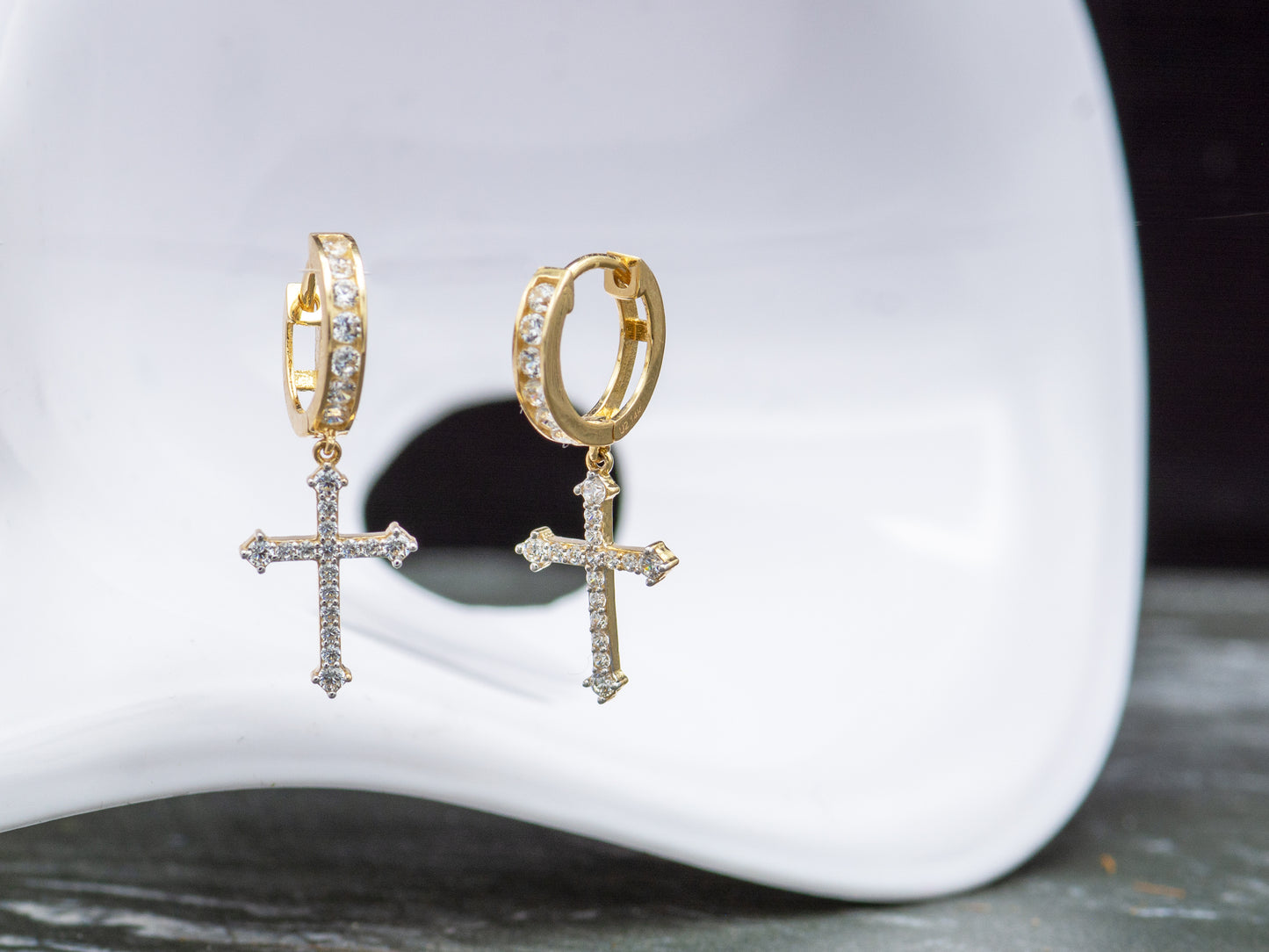 14k solid gold  Cross drop CZ Hoop Huggies Dangle earring