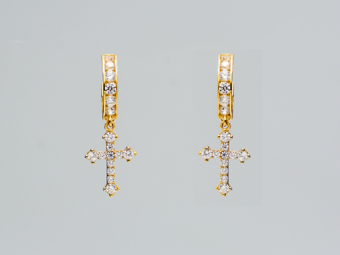 14k solid gold  Cross drop CZ Hoop Huggies Dangle earring