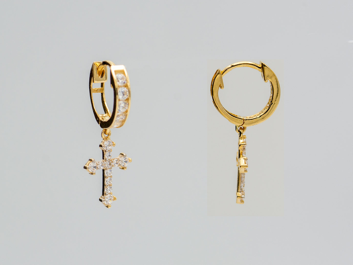 14k solid gold  Cross drop CZ Hoop Huggies Dangle earring