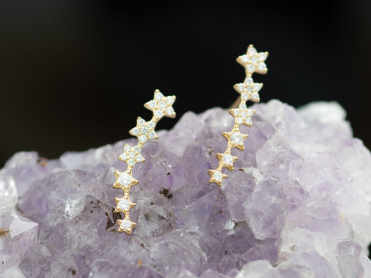 14k solid gold Cubic Zirconia Graduated Star Linear Drop Earrings