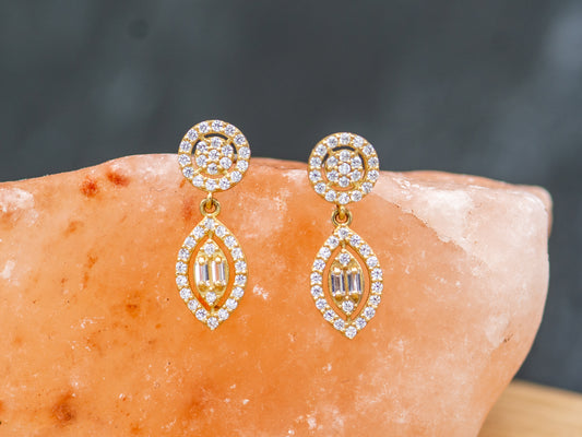 14k solid gold Baguette Simulated Diamond Teardrop Earrings