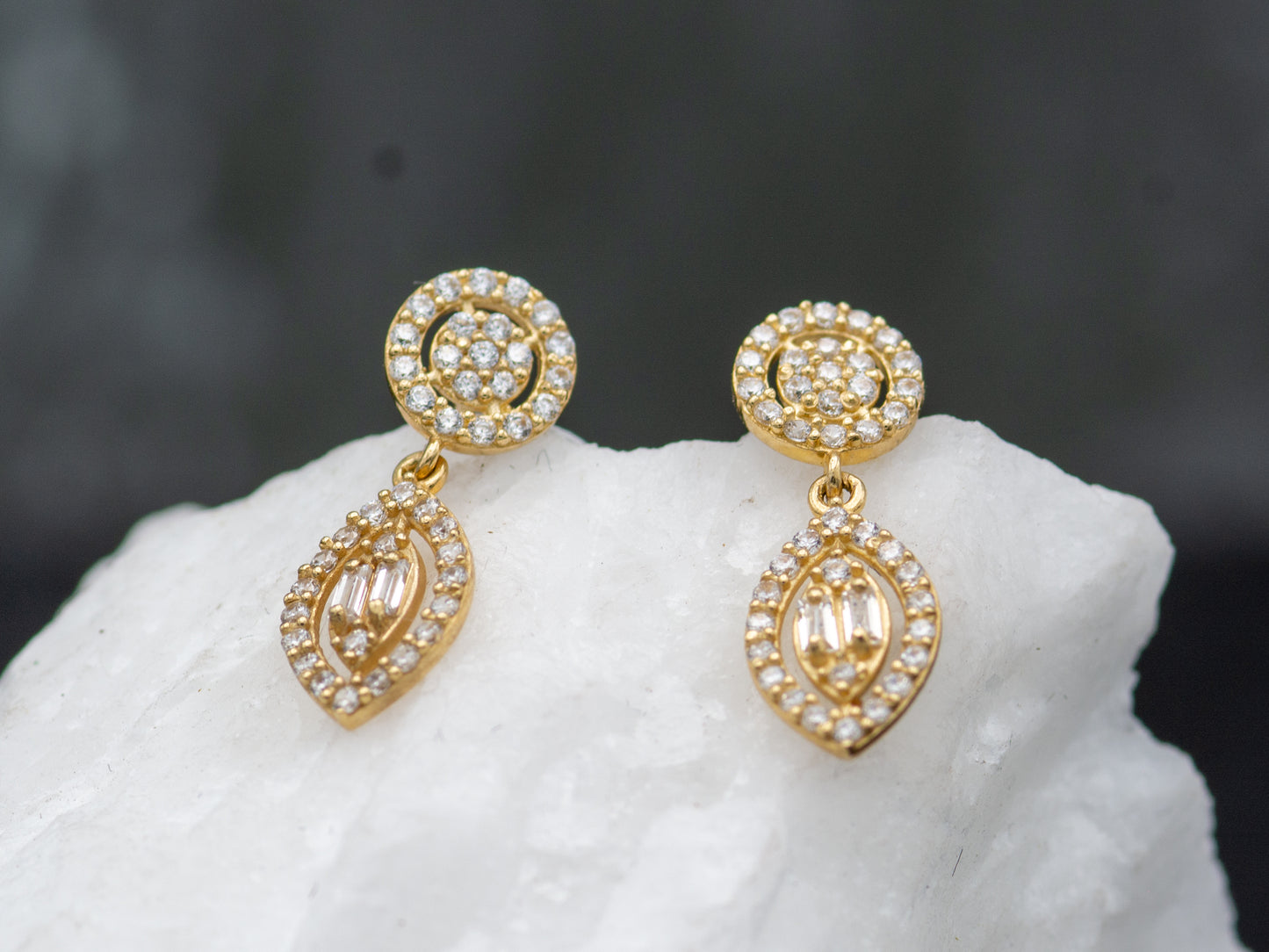 14k solid gold Baguette Simulated Diamond Teardrop Earrings