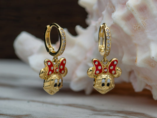 14k solid gold  Mini Mouse Hoop Huggies Dangle earring