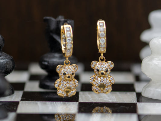14k solid gold Teddy Bear Hoop Huggies Dangle earring