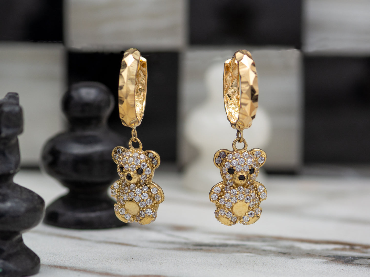 14k solid gold Teddy Bear Hoop Huggies Dangle earring