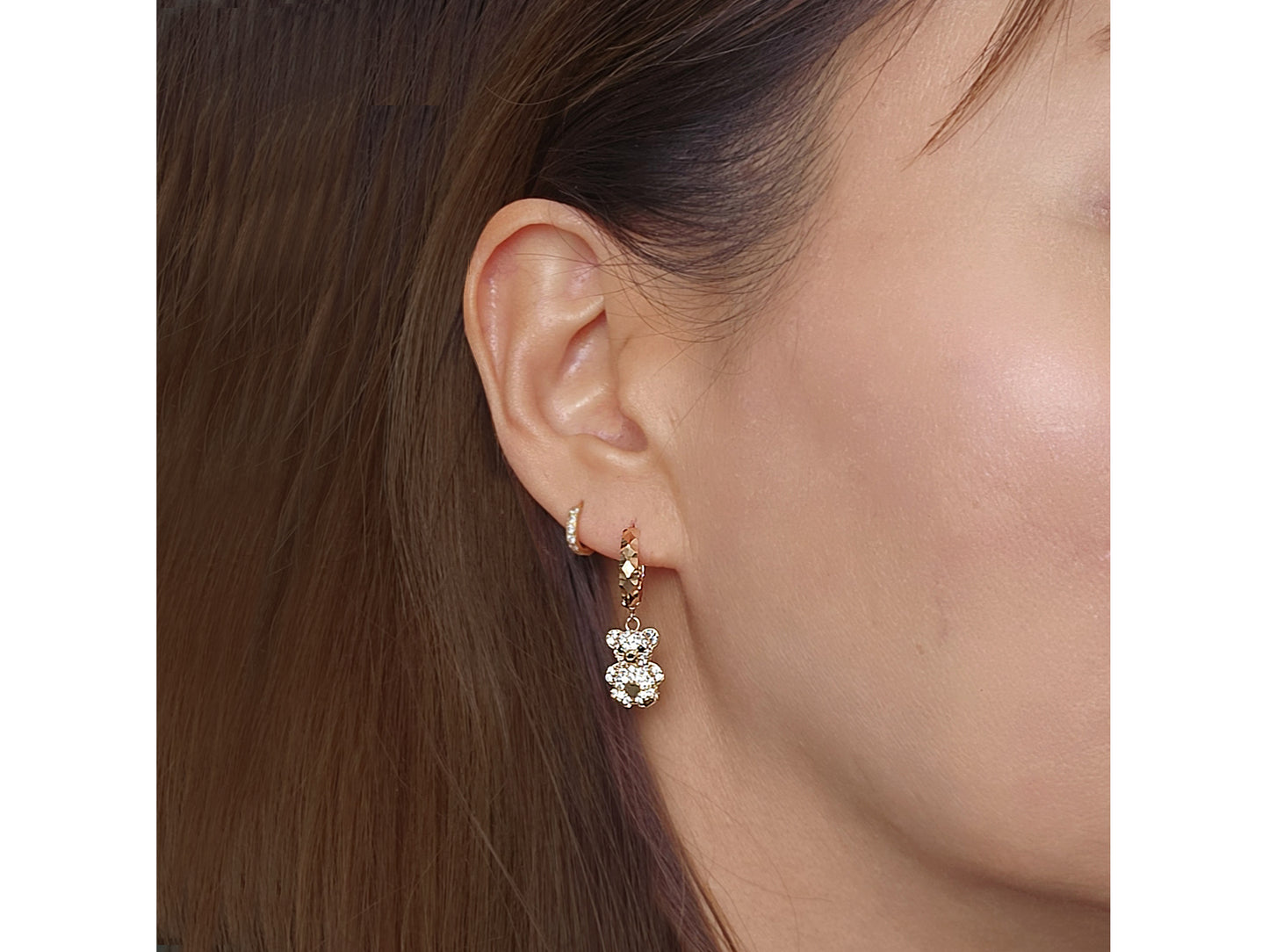 14k solid gold Teddy Bear Hoop Huggies Dangle earring