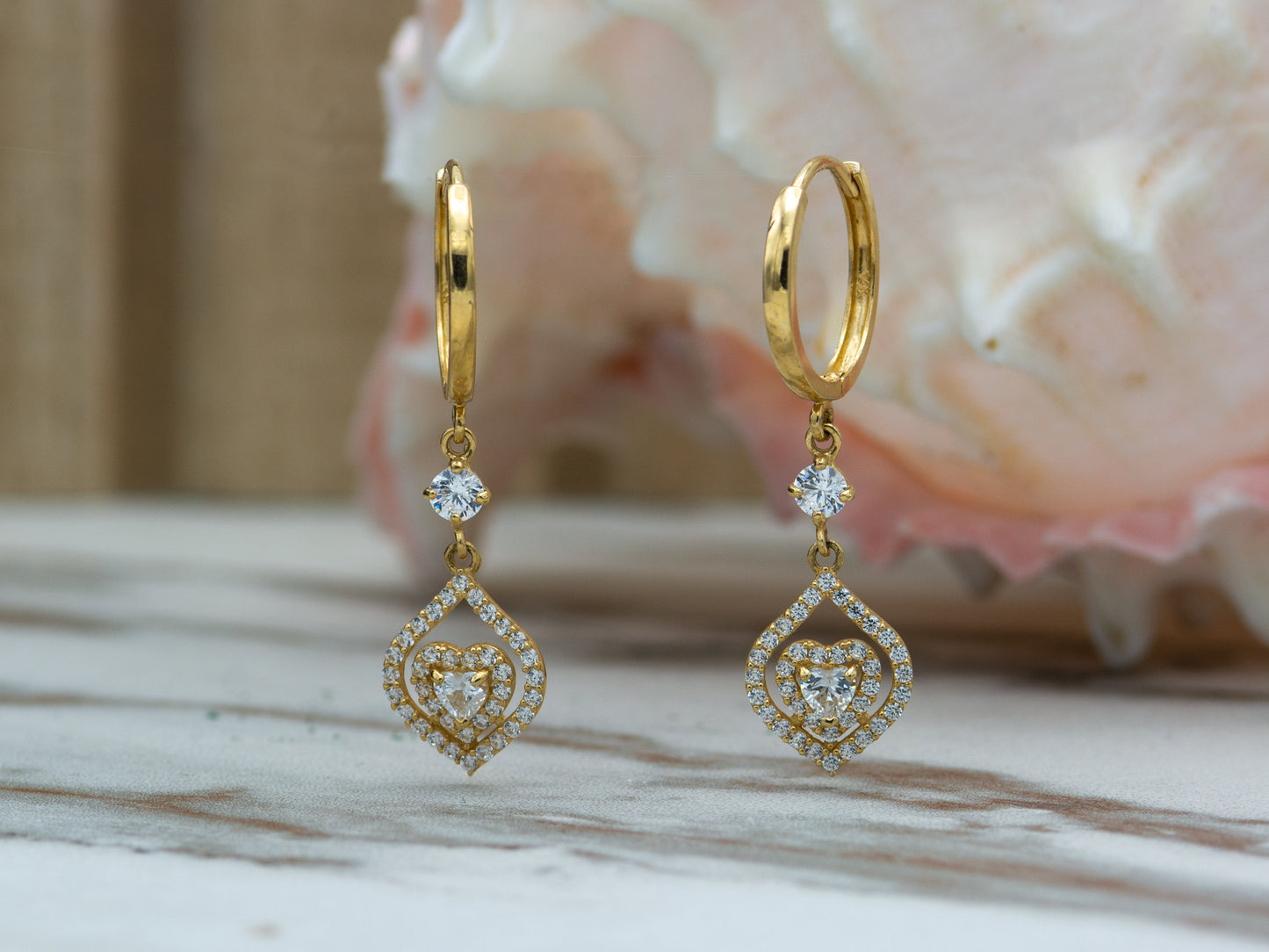 14k solid Gold Heart Dropping Hoop earring