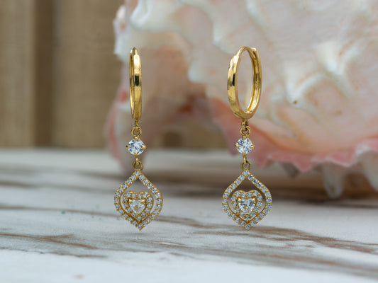 14k solid Gold Heart Dropping Hoop earring