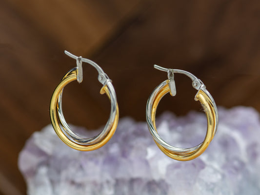 14K Solid Gold Two-Tone Twisted Hoop Earrings