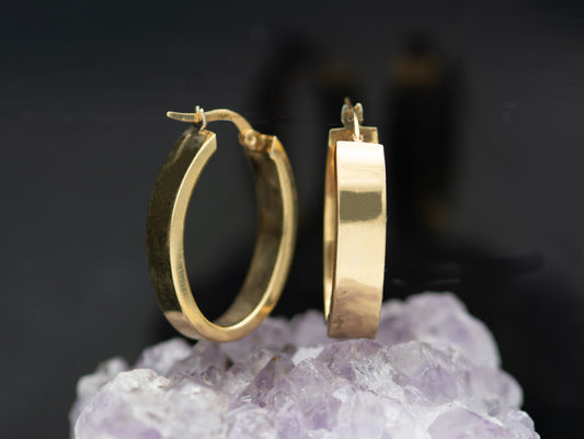 14K Solid Gold Polished Square Tube Oval Medium Hoop Earrings